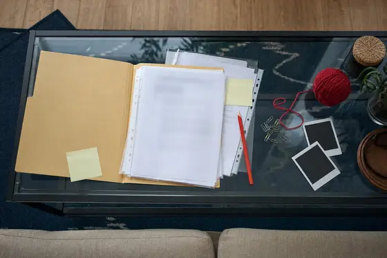 Case documents in plastic sleeves, sticky notes and red yarn spread on a glass coffee table