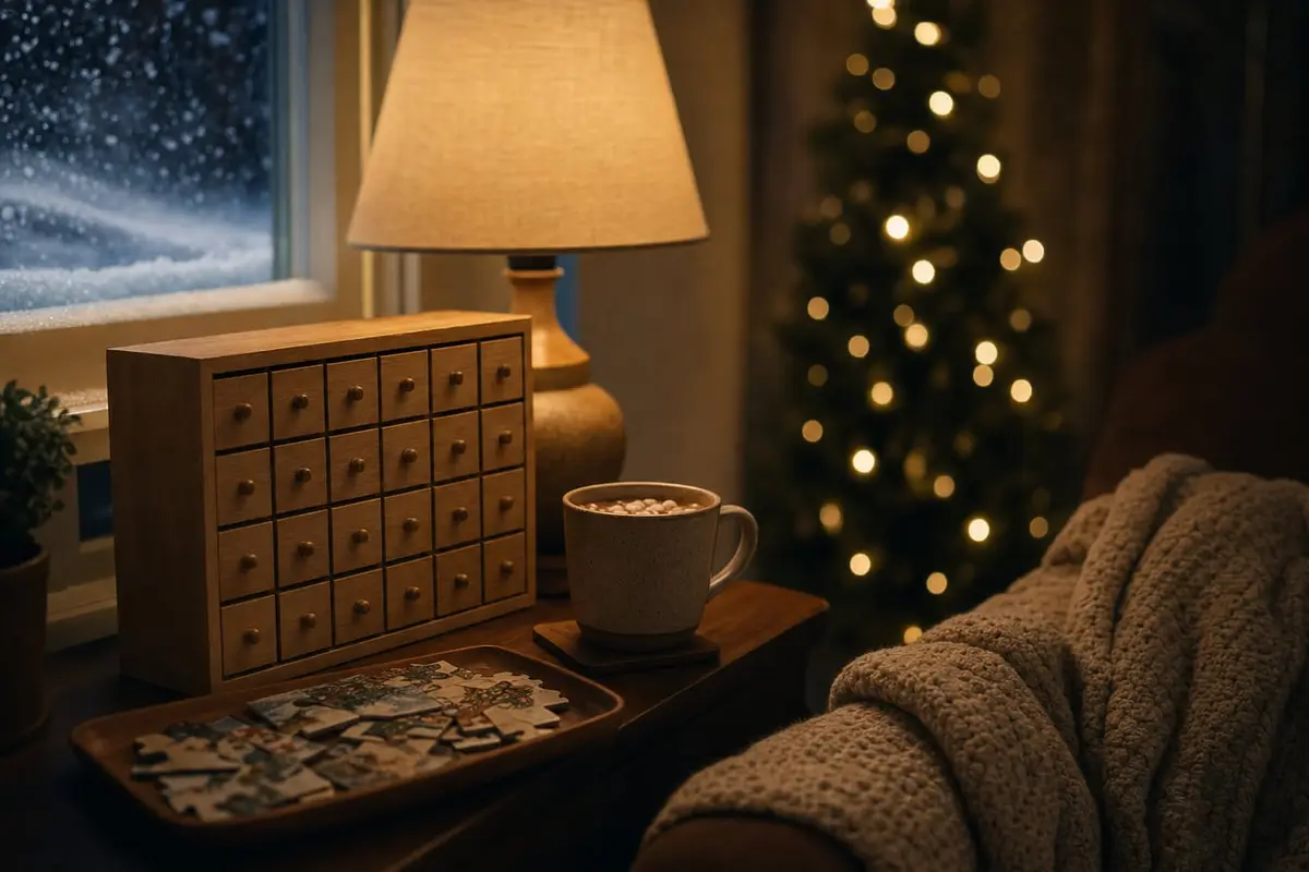 A wooden advent calendar with closed doors beside hot cocoa near a snowy window