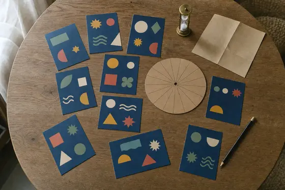 Puzzle cards, a decoder wheel and a sand timer spread on a round oak table