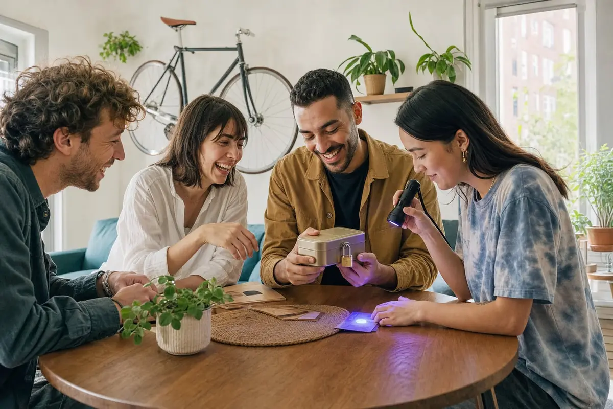Four friends around a table try to open a padlocked tin box with a small flashlight