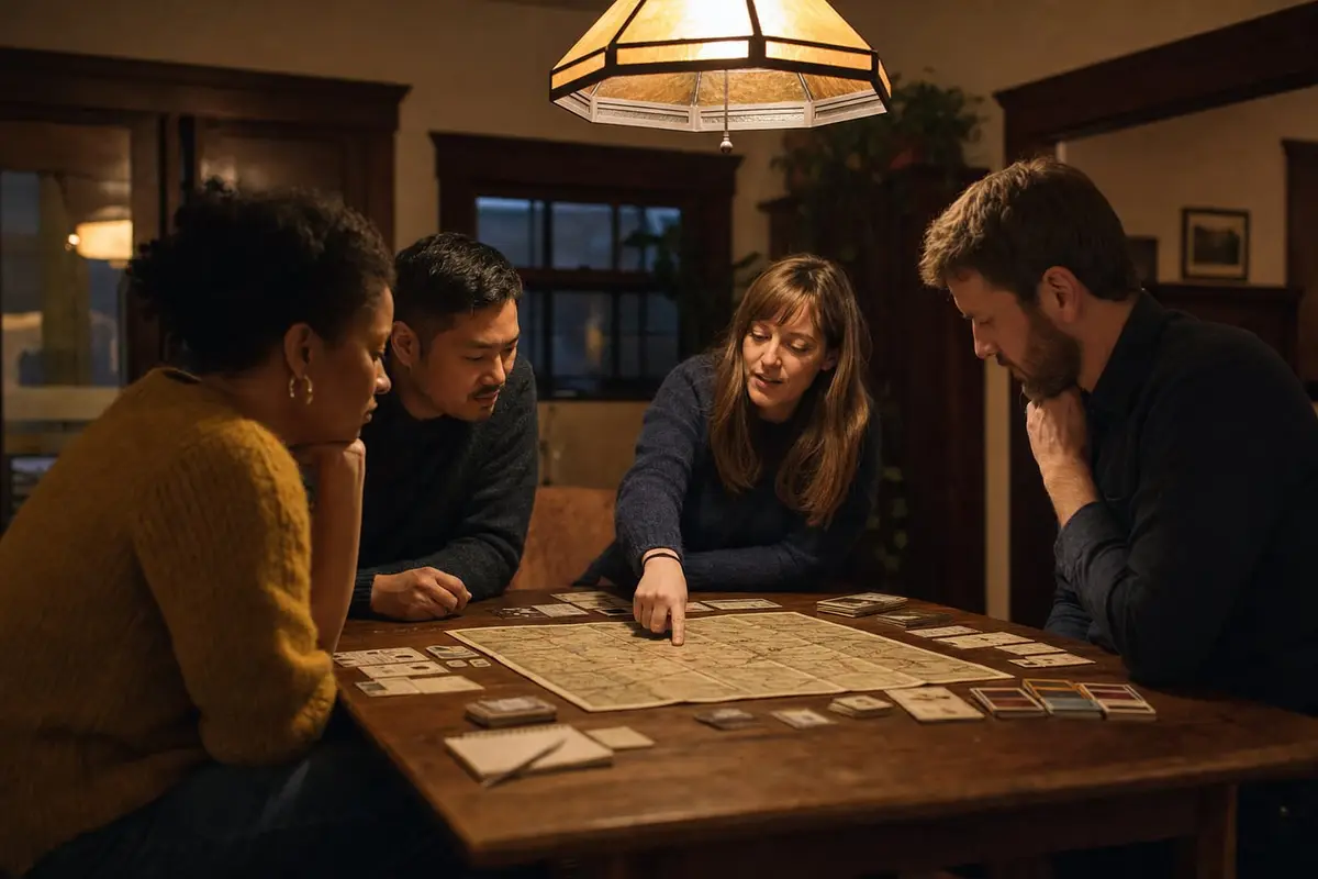 Four friends lean over a mystery board game under a pendant lamp in a dining room