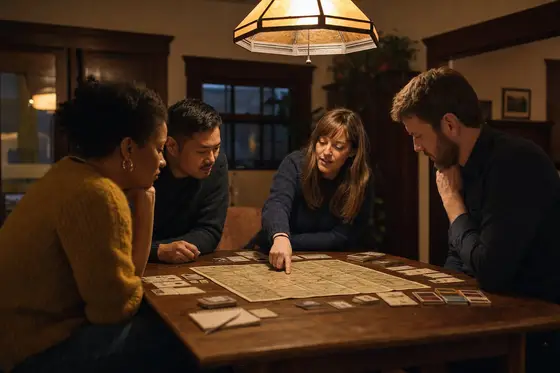 Four friends lean over a mystery board game under a pendant lamp in a dining room
