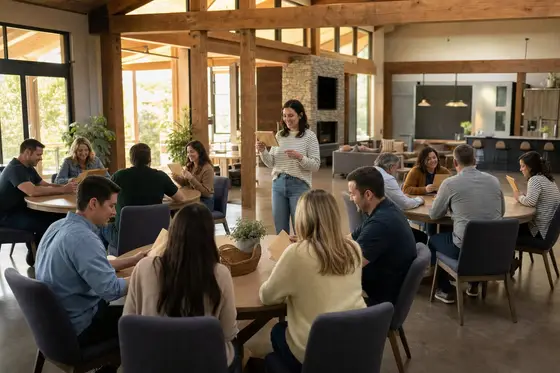 Twelve adults in teams at round tables in a clubhouse, reading clues from envelopes