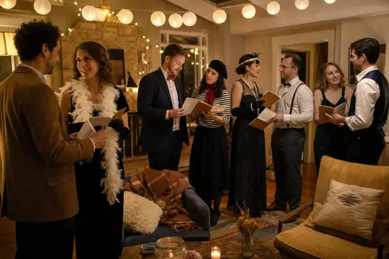 Eight guests in light costume touches chat in small groups, each holding a character booklet