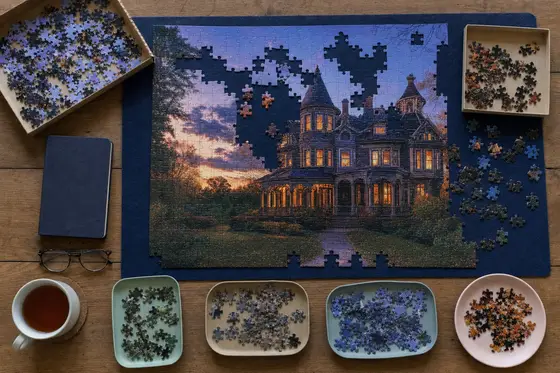 A half-finished jigsaw of a Victorian mansion at dusk with sorted pieces and a cup of tea