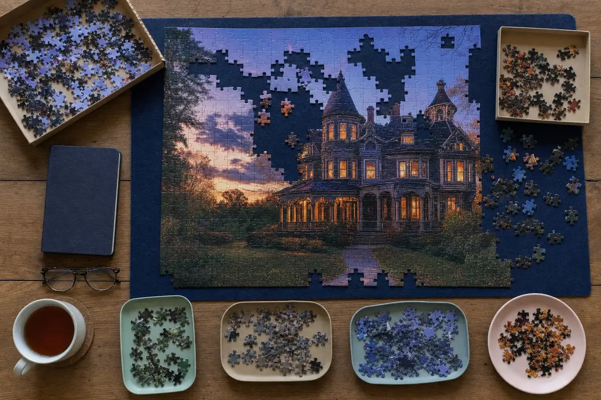 A half-finished jigsaw of a Victorian mansion at dusk with sorted pieces and a cup of tea