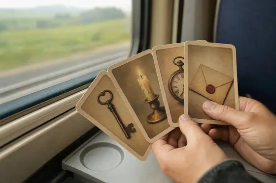 Hands fan illustrated mystery cards on a train tray table