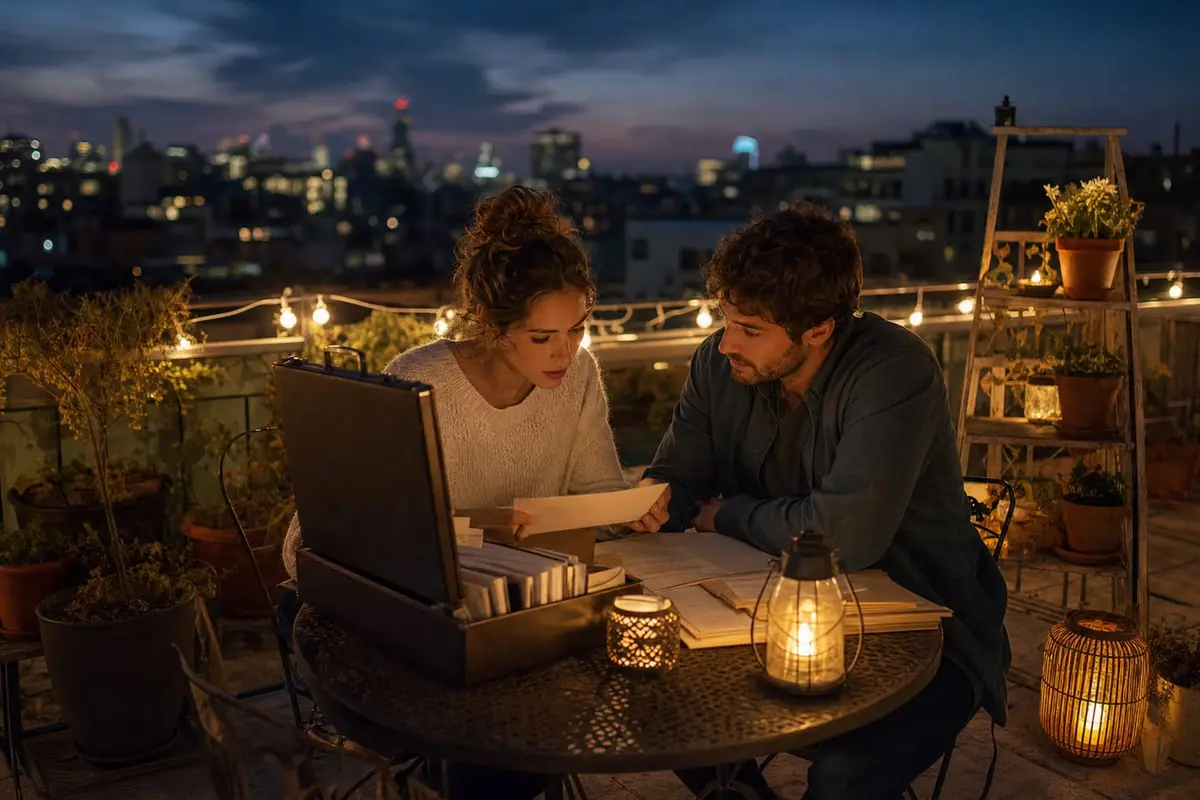 A couple studies a case file at a bistro table on a city rooftop at dusk