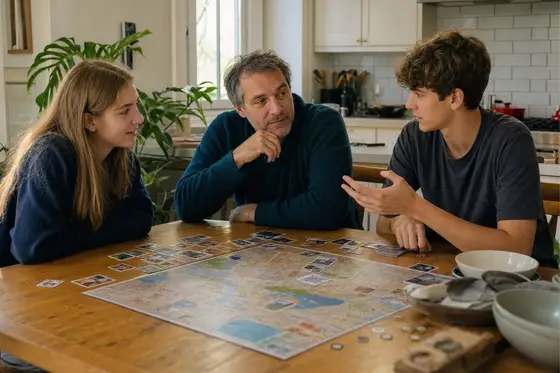 A parent and two teenagers play a detective board game at the kitchen table after dinner