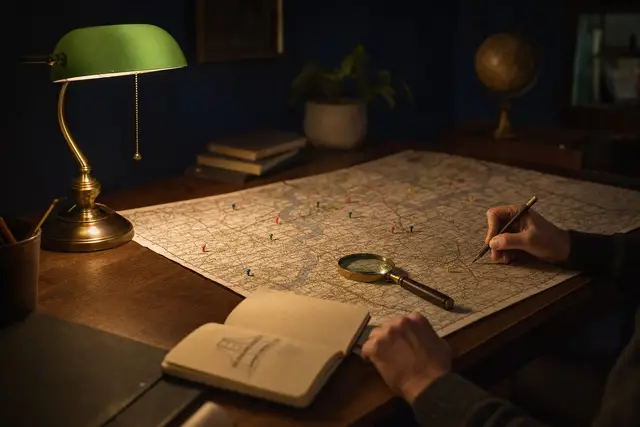 A lamp lights a city map with pins, a notebook and a magnifying glass on a walnut table at night