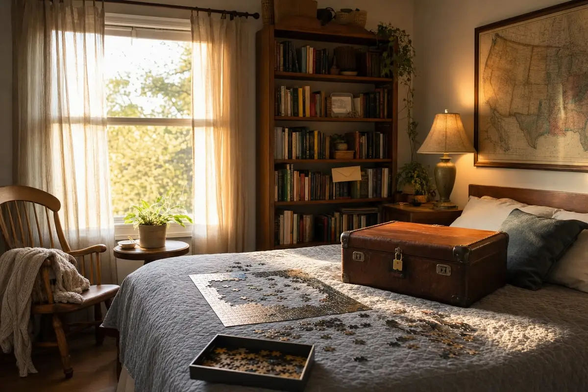 A guest room set up as a homemade puzzle room with a locked suitcase, a framed map and a hidden envelope
