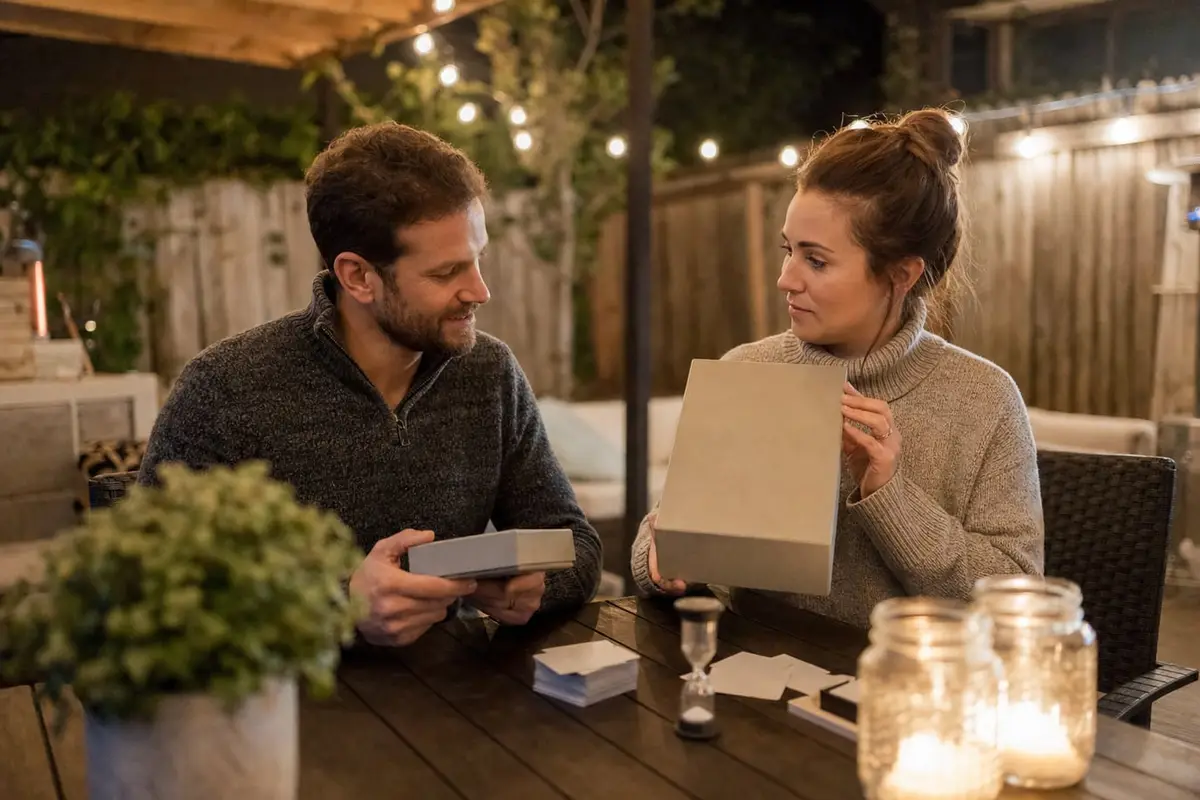 A couple compares a small and a large plain game box at a patio table under string lights