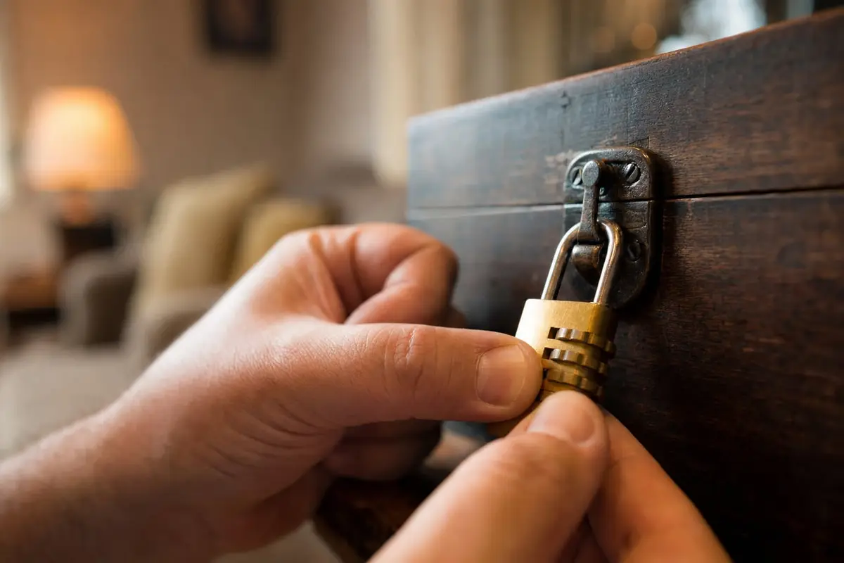 Fingers turn the wheels of a brass combination padlock on a small wooden chest