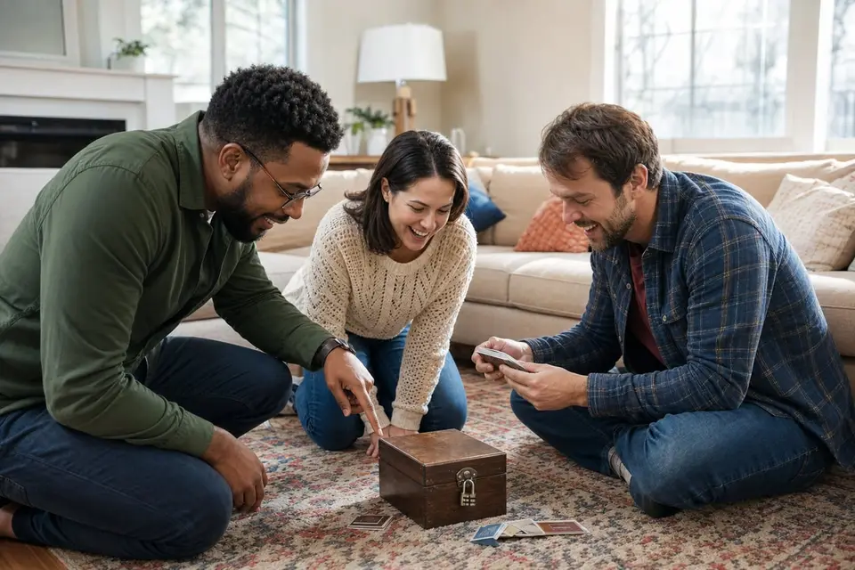 Three friends on a living room rug trying a code on a padlocked wooden puzzle box