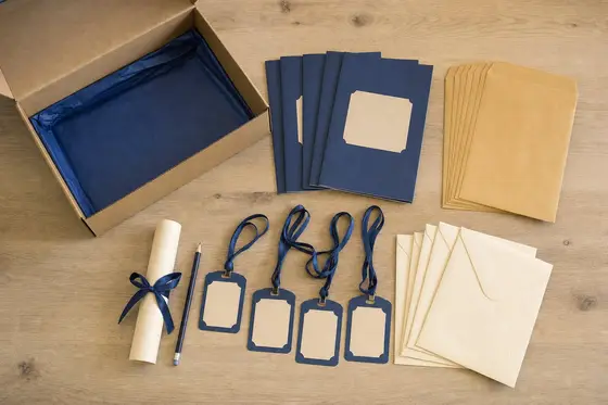 The contents of a party kit laid out in rows: booklets, sealed envelopes and name badges