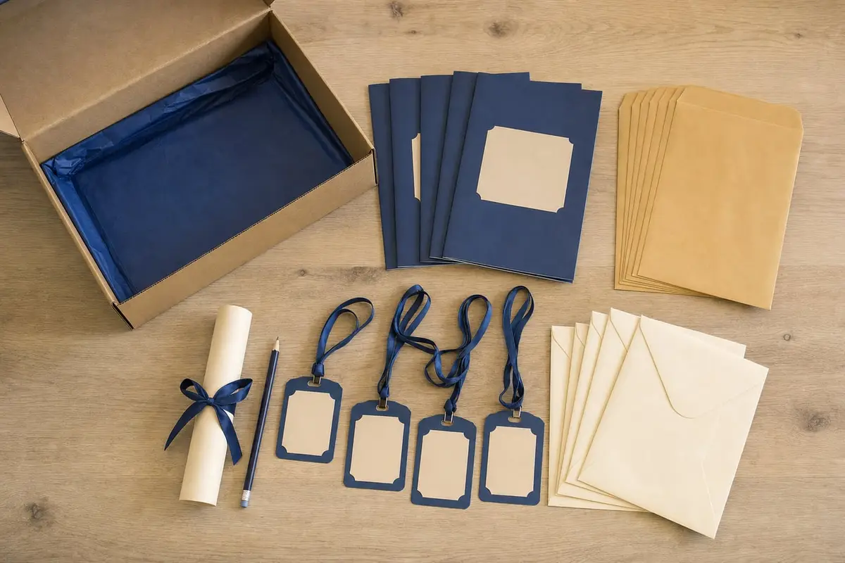 The contents of a party kit laid out in rows: booklets, sealed envelopes and name badges