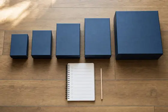 Five plain game boxes of different sizes lined up beside a blank checklist