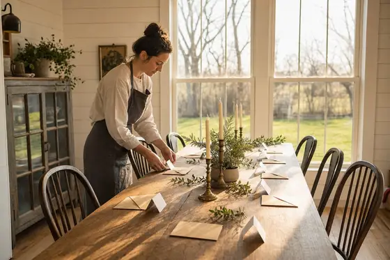 A host sets a long table with blank place cards and a sealed envelope at every seat