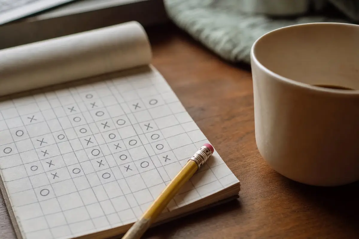 A hand-drawn deduction grid of crosses and circles on a notepad with a pencil