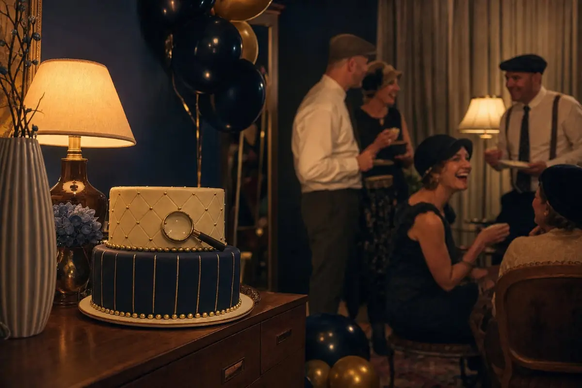 A birthday cake topped with a sugar magnifying glass, with friends in vintage hats behind