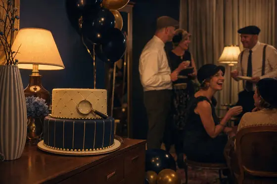 A birthday cake topped with a sugar magnifying glass, with friends in vintage hats behind