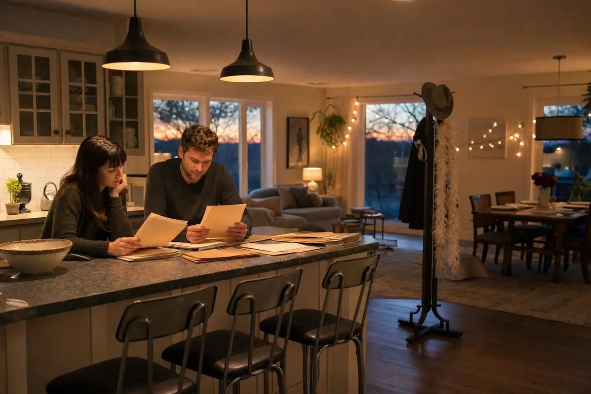Two people read case files at a kitchen island while a living room behind is set up for a party