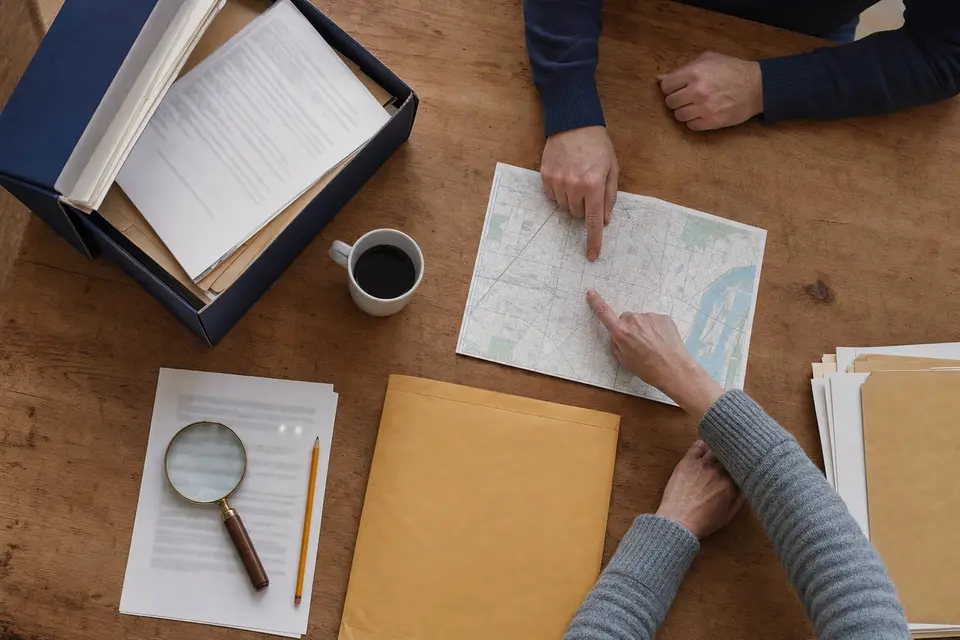 Hands of two players pointing at a folded town map among case-file envelopes on a kitchen table