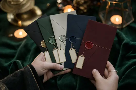Hands hold a fan of wax-sealed character envelopes on a velvet tablecloth