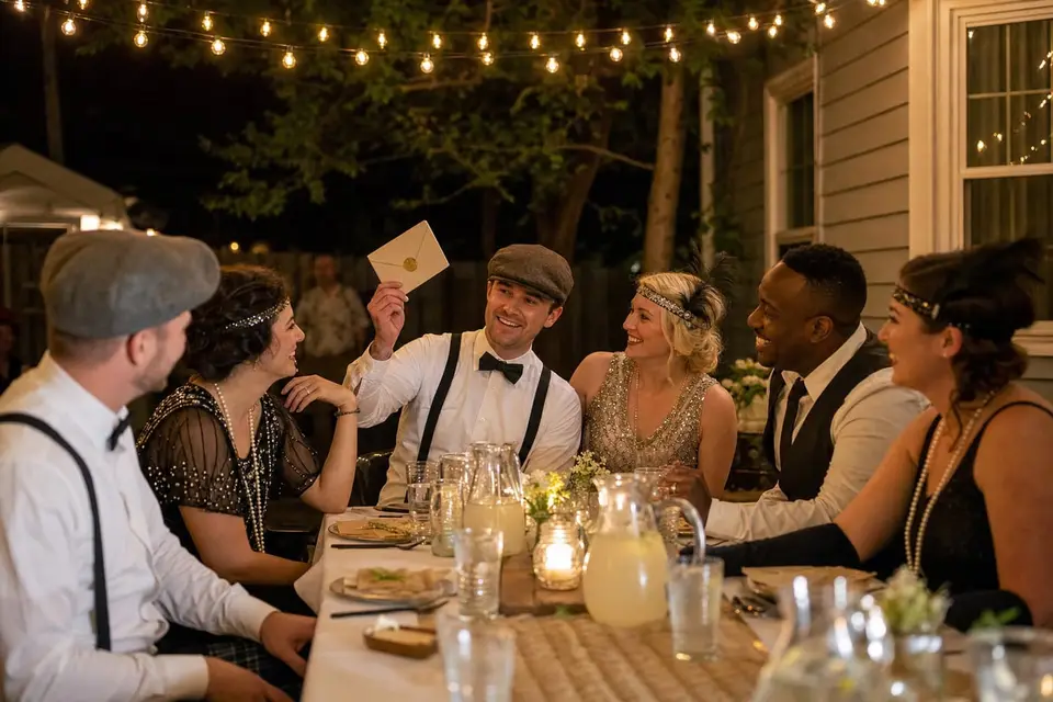 Guests in 1920s-style outfits around a candlelit porch table, one holding up a sealed envelope