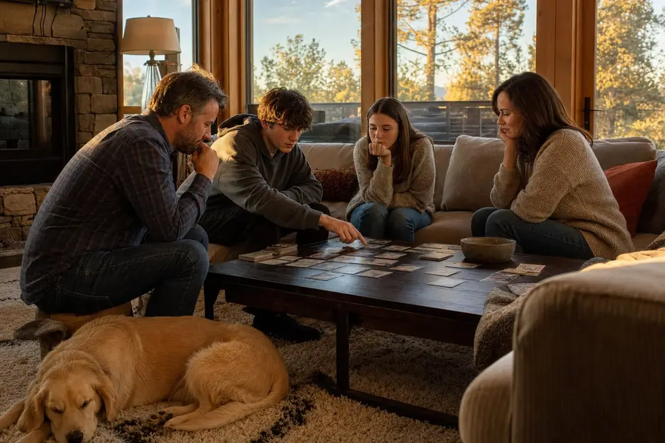 A family with two teenagers plays a card-based mystery game around a coffee table at golden hour
