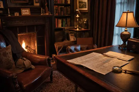 A lamplit study with a folded map, a newspaper, a magnifying glass and a deerstalker cap on an armchair