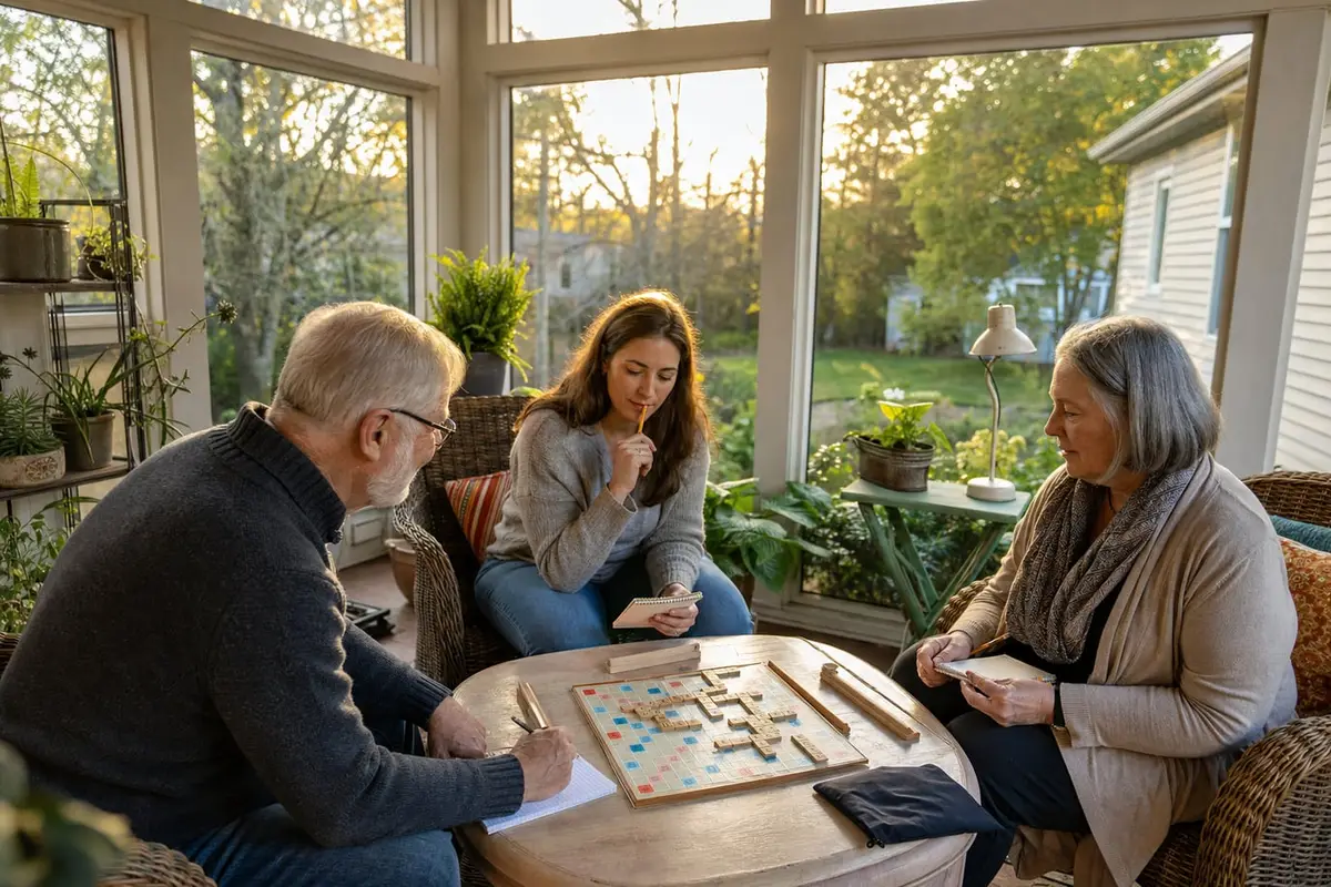 Three family members play a deduction board game with grid notepads in a sunroom